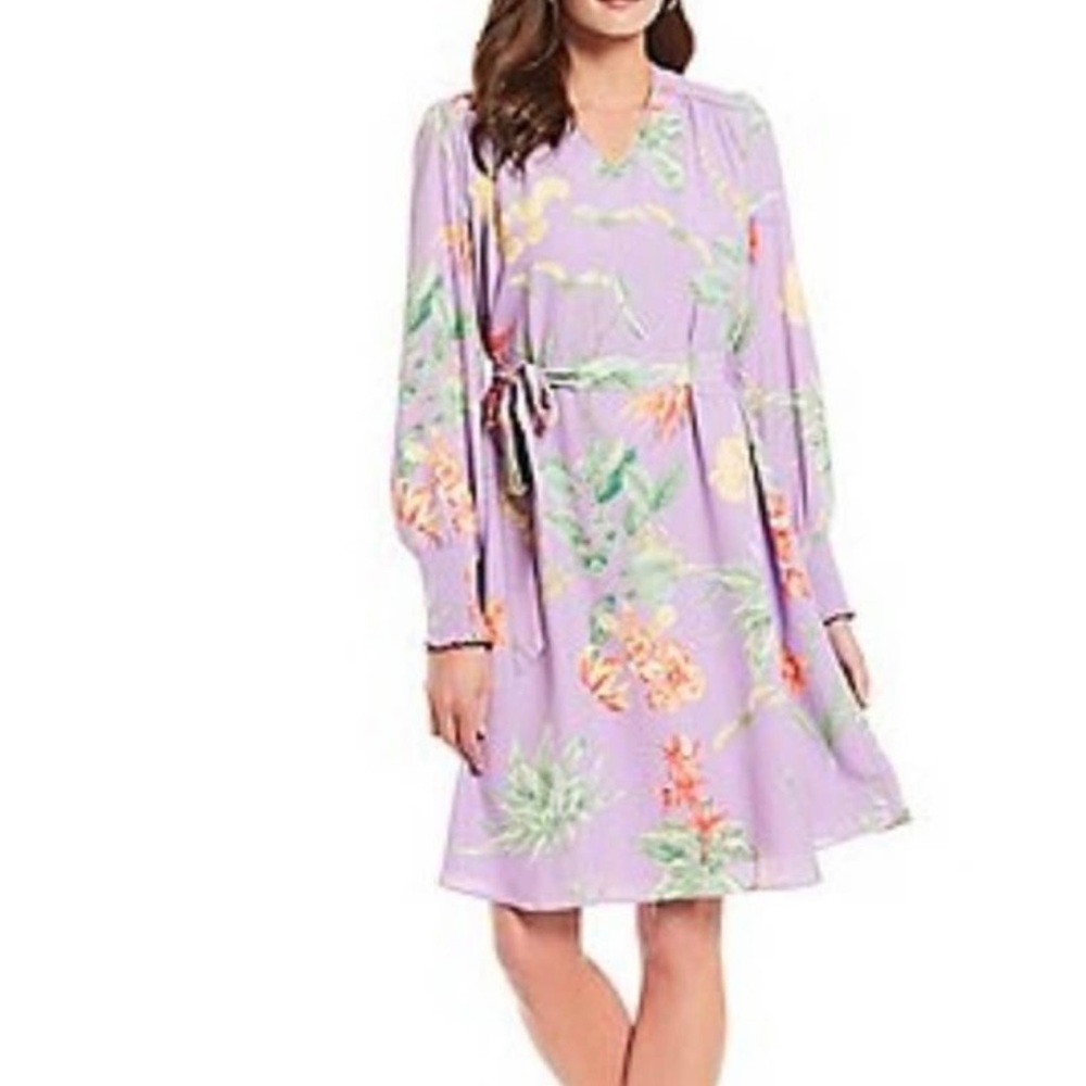 Gibson Latimer Lavender Floral Long Sleeve Modest Boho Knee Length Dress